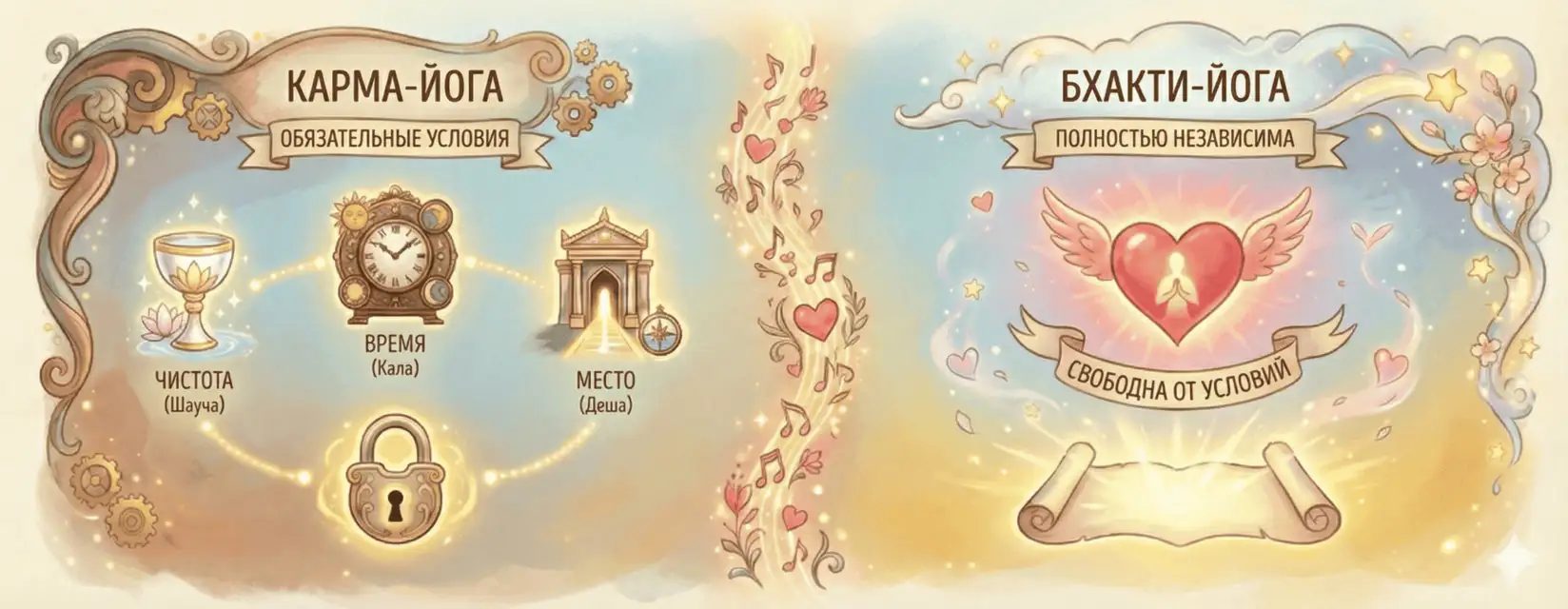 В отличие от карма-йоги, где для практики необходимы особые условия чистоты (ш́ауча), времени (кāла) и места (деш́а), бхакти совершенно не зависит от этих требований.